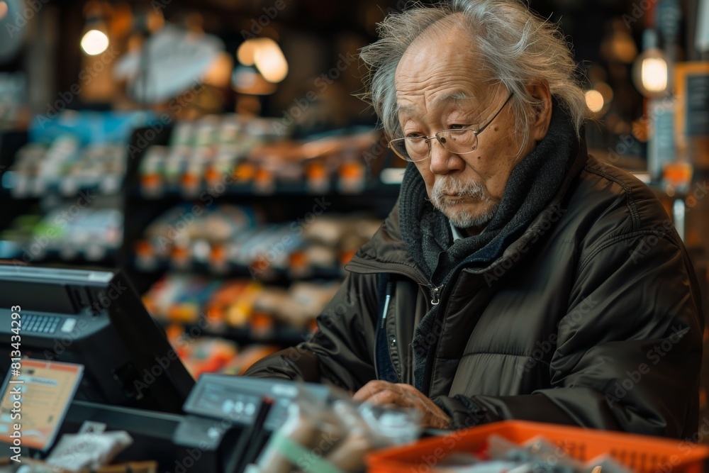 Close-up of an Asian grandfather placing an order at a self-service cash register in a supermarket. Close-up of an Asian grandfather placing an order at a self-service cash register in a supermarket.