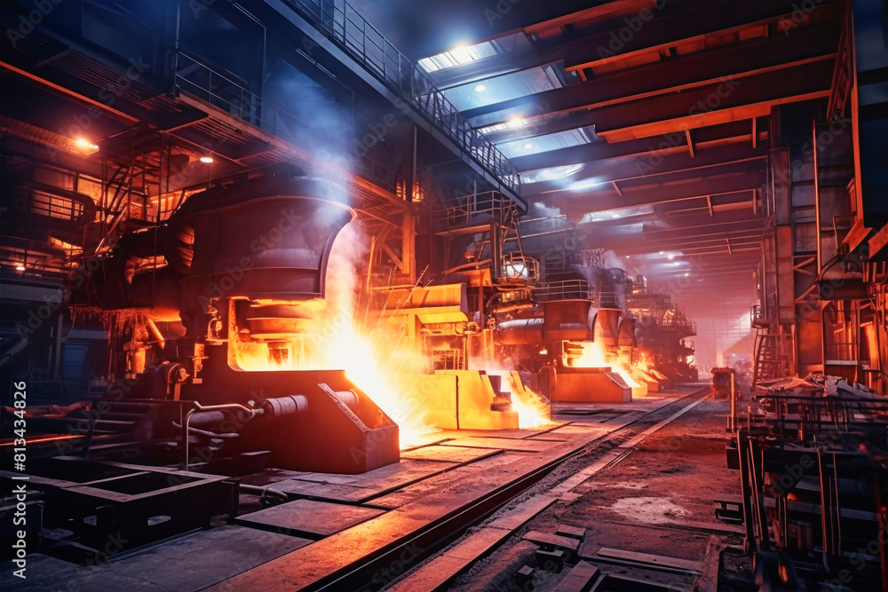 A bustling factory floor filled with an array of machines and machinery, working tirelessly to produce steel in a metallurgical plant A bustling factory floor filled with an array of machines and machinery, working tirelessly to produce steel in a metallurgical plant
