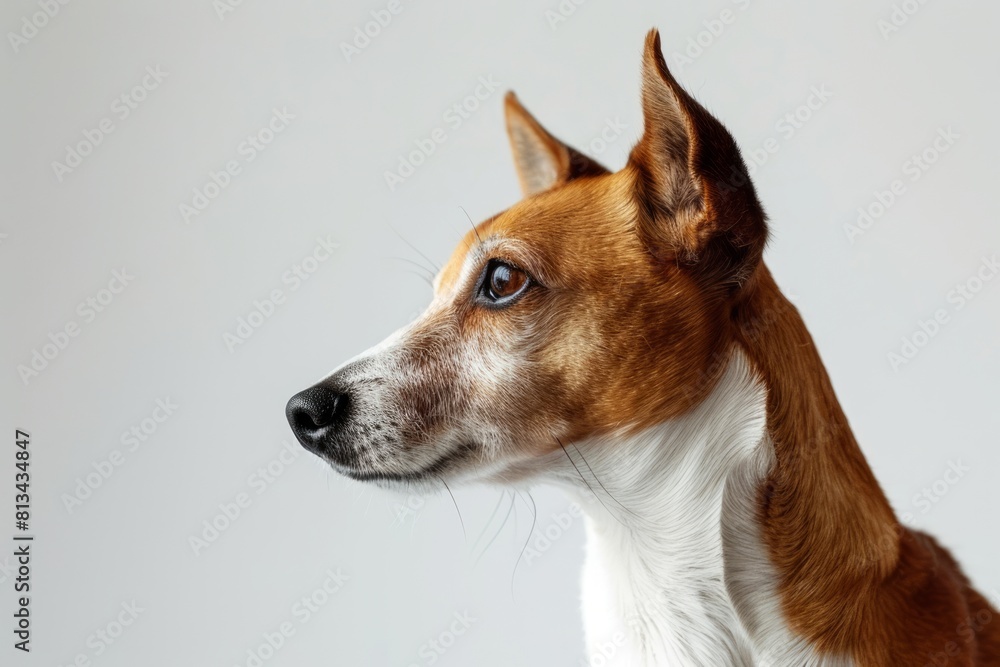 A brown and white dog looking away. A brown and white dog looking away.