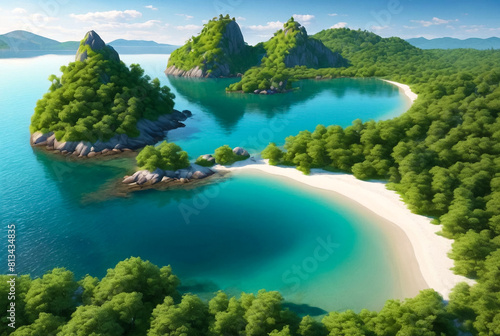 Landscape scenery of amazing picturesque natural morning of bright spring view of Island  wallpaper. Beauty of nature serene scene concept backgrounds. Copy ad text space. Generative Ai illustration