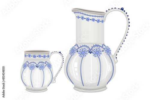 Pottery isolated on white background. Ceramic jug and mug. Clay pitcher and cup. Old porcelain tableware. Vintage earthenware or terracotta utensil set. Rustic crockery. Stock vector illustration