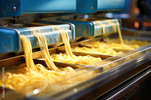 Noodles twirl and sizzle in the fryer of a bustling restaurant kitchen  creating a tantalizing aroma of fried goodness