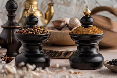 Two Black Pepper Grinders on Table photo