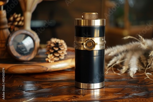 Black and Gold Lighter on Wooden Table photo