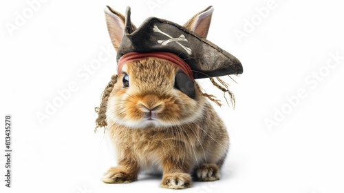 A bunny sticker wearing a pirate hat and an eye patch, isolated on a white background. Sharp focus, high detail, crisp edges, 8k resolution. photo