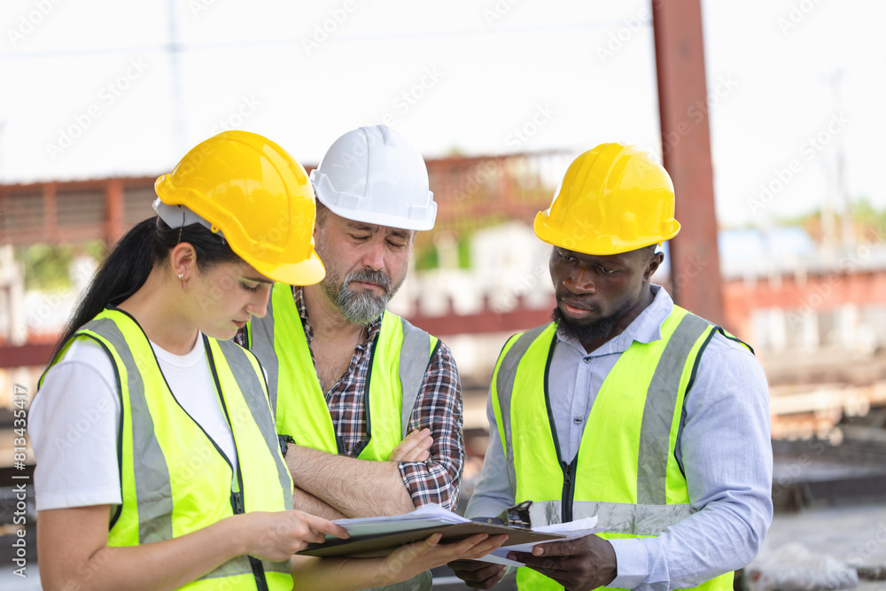 Engineer and foreman worker team checking project at precast factory site, Engineer and builders in hardhats discussing on construction site Engineer and foreman worker team checking project at precast factory site, Engineer and builders in hardhats discussing on construction site