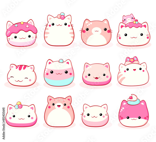Set of traditional Chinese animal-shaped mantou buns. Collection of cute cat-shaped asian dessert in kawaii style. Can be used for t-shirt print, sticker, greeting card. Vector illustration EPS8
