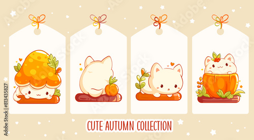 Calm autumn season. Set of cute tag in retro style with little kitty. Collection of vintage label with tiny baby cat and autumn leaves. Vector illustration EPS8