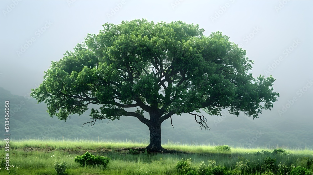 Fototapeta premium Majestic Lone Tree in Lush Meadow with Verdant Foliage