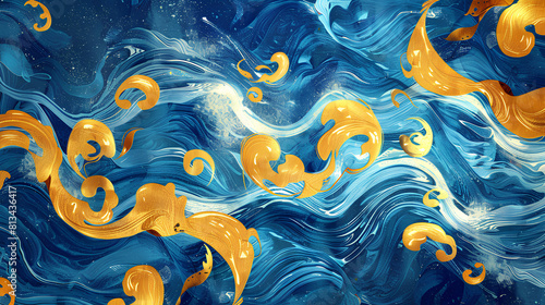 Magical fairytale ocean waves art painting. Unique blue and gold wavy swirls of magic water. Fairytale navy and yellow sea waves. Children’s book waves, kids nursery cartoon illustration