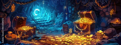 An dungeon cave with treasures, chests of gold coins, precious stones, and gold cups.