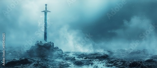 Amidst the shadows and mist, a mythical blade stands enshrined in stone, its hilt lit by ethereal fire, a beacon for those who dare to grasp destiny and fulfill an ancient prophecy photo