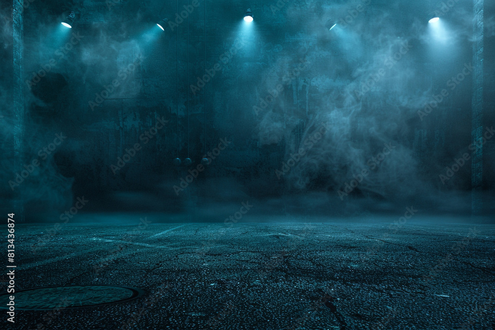 Obraz premium A dark empty street, dark blue background, an empty dark scene, neon light, spotlights The asphalt floor and studio room with smoke float up the interior texture night view 