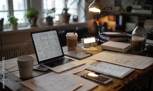 A desk with a laptop, coffee cup and papers on it. photo