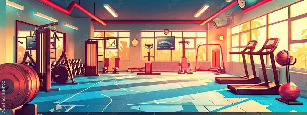 The interior of a modern gym with exercise equipment. Cartoon illustration.