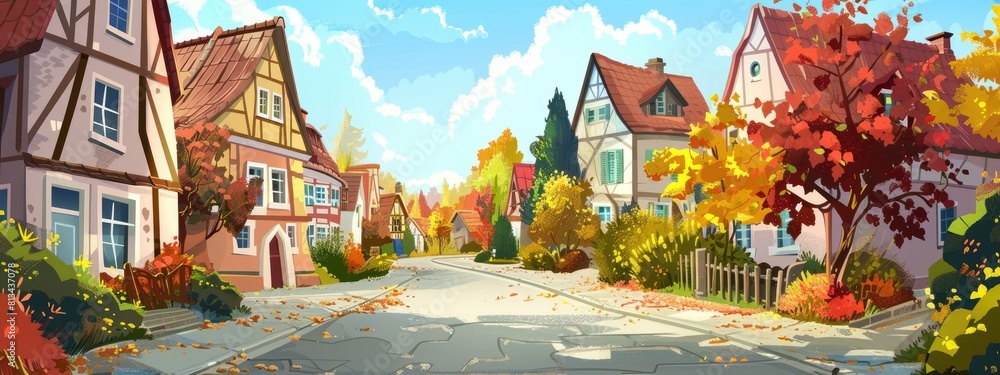 Landscape of a German village street with traditional houses. Cartoon illustration.