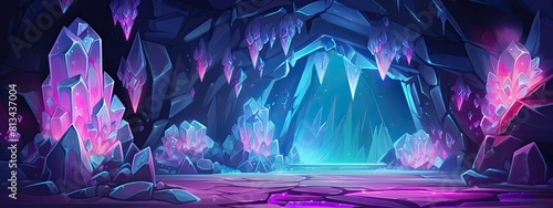 Mine cave with crystal treasure. Inside view. Cartoon illustration. photo