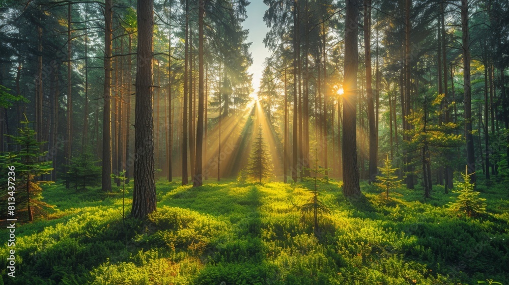 Serene Forest with Pine and Sequoia Trees bathed in Sunlight Serene Forest with Pine and Sequoia Trees bathed in Sunlight