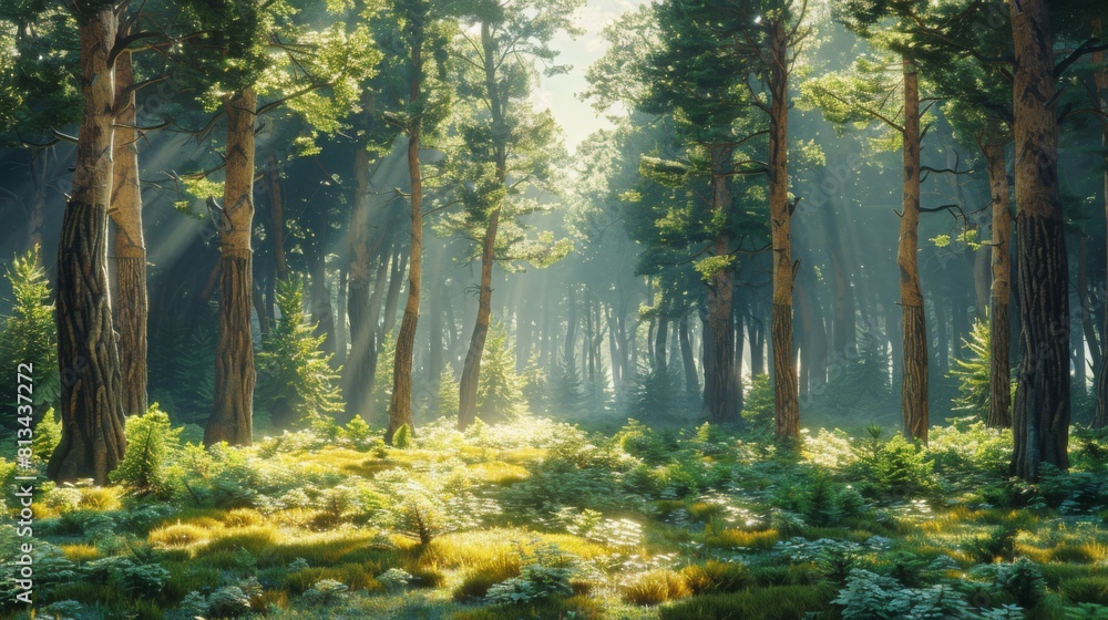 Fototapeta premium Serene Forest with Pine and Sequoia Trees bathed in Sunlight