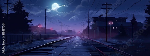 Train station in the night in anime style. Cartoon illustration