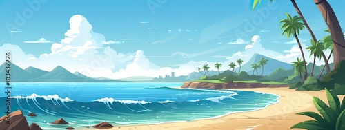 Seaside landscape of tropical summer beach. Cartoon illustration © Pihta