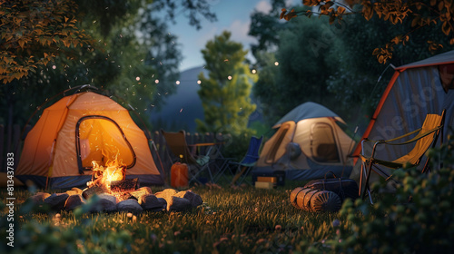A backyard campfire surrounded by tents and camping gear, where a family enjoys roasting marshmallows, telling stories, and stargazing during their annual camping trip,