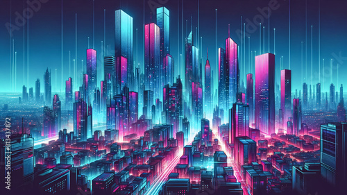 Futuristic megapolis cityscape illuminated in cyan and magenta colors. Towering skyscrapers with glowing light. AI Generative