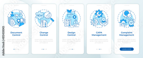 QMS organization blue onboarding mobile app screen. Walkthrough 5 steps editable graphic instructions with linear concepts. UI, UX, GUI template. Montserrat SemiBold, Regular fonts used