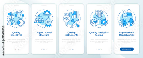 QMS structure blue onboarding mobile app screen. Walkthrough 5 steps editable graphic instructions with linear concepts. UI, UX, GUI template. Montserrat SemiBold, Regular fonts used
