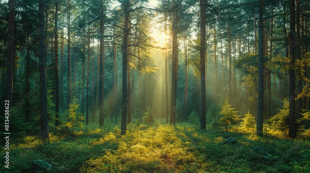 Fototapeta premium Serene Forest with Pine and Sequoia Trees bathed in Sunlight