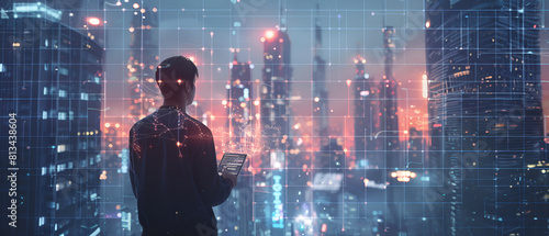 A CEO employs AI tools in a futuristic office, making data-driven decisions with confidence and precision ,Male silhouette and infographics on the background of skyscrapers
