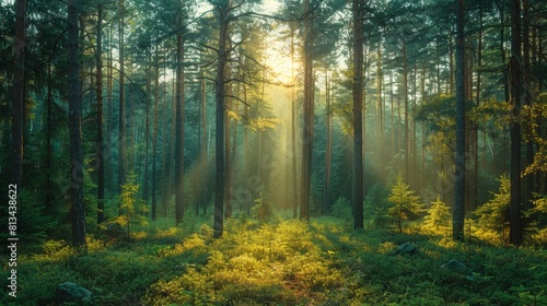 Serene Forest with Pine and Sequoia Trees bathed in Sunlight © JINGWEN