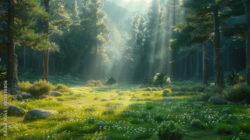 Obraz premium Serene Forest with Pine and Sequoia Trees bathed in Sunlight