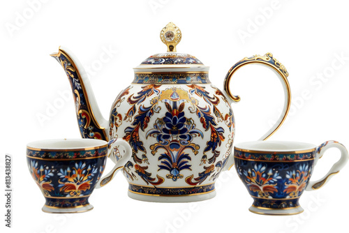 Russian Imperial Porcelain Teapot with Cups on a Transparent Background