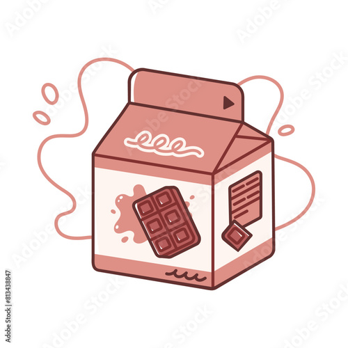 Chocolate milk carton. Vector illustration of tasty sweet beverage in cute packaging. Dairy drink for kids in colorful flat style. Isolated elements on white background.