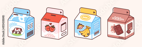 Flavored milk cartons. Vector illustration of banana, strawberry and chocolate milk in cute packaging. Sweet beverage for kids in colorful flat style.