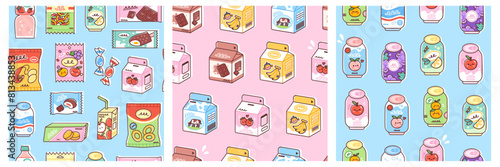 Snacks, flavored milk cartons and soda cans seamless patterns set. Vector illustration of sweet beverages and junk food. Elements include chips, candy, fizzy drinks and biscuits. Trendy flat style.