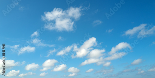 Fototapeta Naklejka Na Ścianę i Meble -  Summer blue sky cloud gradient background. Cloudy sky. Vivid cyan blue landscape in environment day horizon skyline view. White clouds on soft sky background. White cloudy sky.
