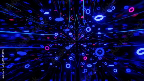 Mirror room with neon light. Abstract festive bg with bright reflection. vj loop neon room. seamless looped background with neon light. Night club bright neon style bg. Dark room disco lights photo