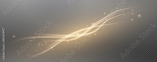 Vector png background with gold glowing lines. Gold glowing lines of speed. Light glow effect. Light trail wave, fire trail line and glow curve swirl.