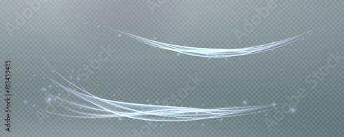 Vector png background with blue glowing lines. Blue glowing lines of speed. Light glow effect. Light trail wave, fire trail line and glow curve swirl.