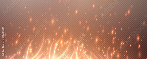 Burning hot sparks effect with embers burning ash and smoke flying in the air. Burning glowing particles. Flame of fire with sparks isolated on a black transparent background. Flame png.