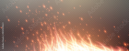 Burning hot sparks effect with embers burning ash and smoke flying in the air. Burning glowing particles. Flame of fire with sparks isolated on a black transparent background. Flame png.