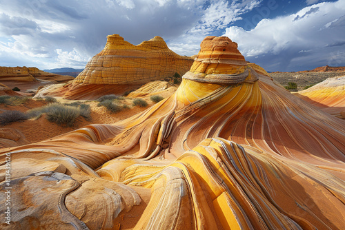 A dramatic shot of the South Coyote Buttes rock formations in the National Park, with their striking colors and textures