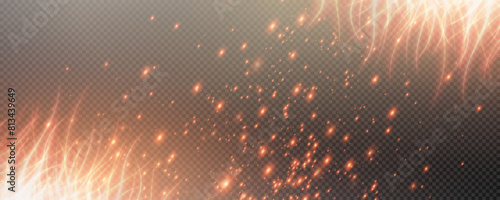 Burning hot sparks effect with embers burning ash and smoke flying in the air. Burning glowing particles. Flame of fire with sparks isolated on a black transparent background. Flame png.