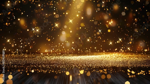 Gold glitter particles background ,Sparkling light boke blur, Template for poster, greeting cards and banners, Magic shining gold dust, Fine, shiny bokeh dust particles fall off slightly