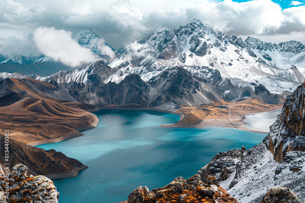 Obraz premium a fantastic view of a snowcapped mountain range with a lake surrounded by snowcapped mountains and a cloudy sky in the background