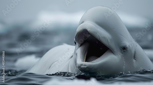 A serene closeup of a beluga whale gently opening its mouth to feed on tiny fish, set in the icy waters of the Arctic photo