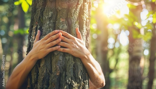 An outdoor therapy session where a person is hugging a tree, exploring ecotherapy as a treatment for depression photo
