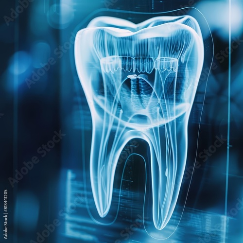A digital Xray reveals a stunning image of a healthy tooth  showcasing advanced dental technology in action  Sharpen close up hitech concept with blur background